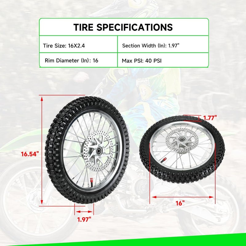 XIKOBY 16X2.4 Front Wheel Assembly Compatible with Razor MX500 MX650 SX500 Dirt Rocket Bike Off-road Motorcycle with 25H 126 Links Chain Tensioner Breaker Disc Brake Rotor Replacement Parts - Image 2